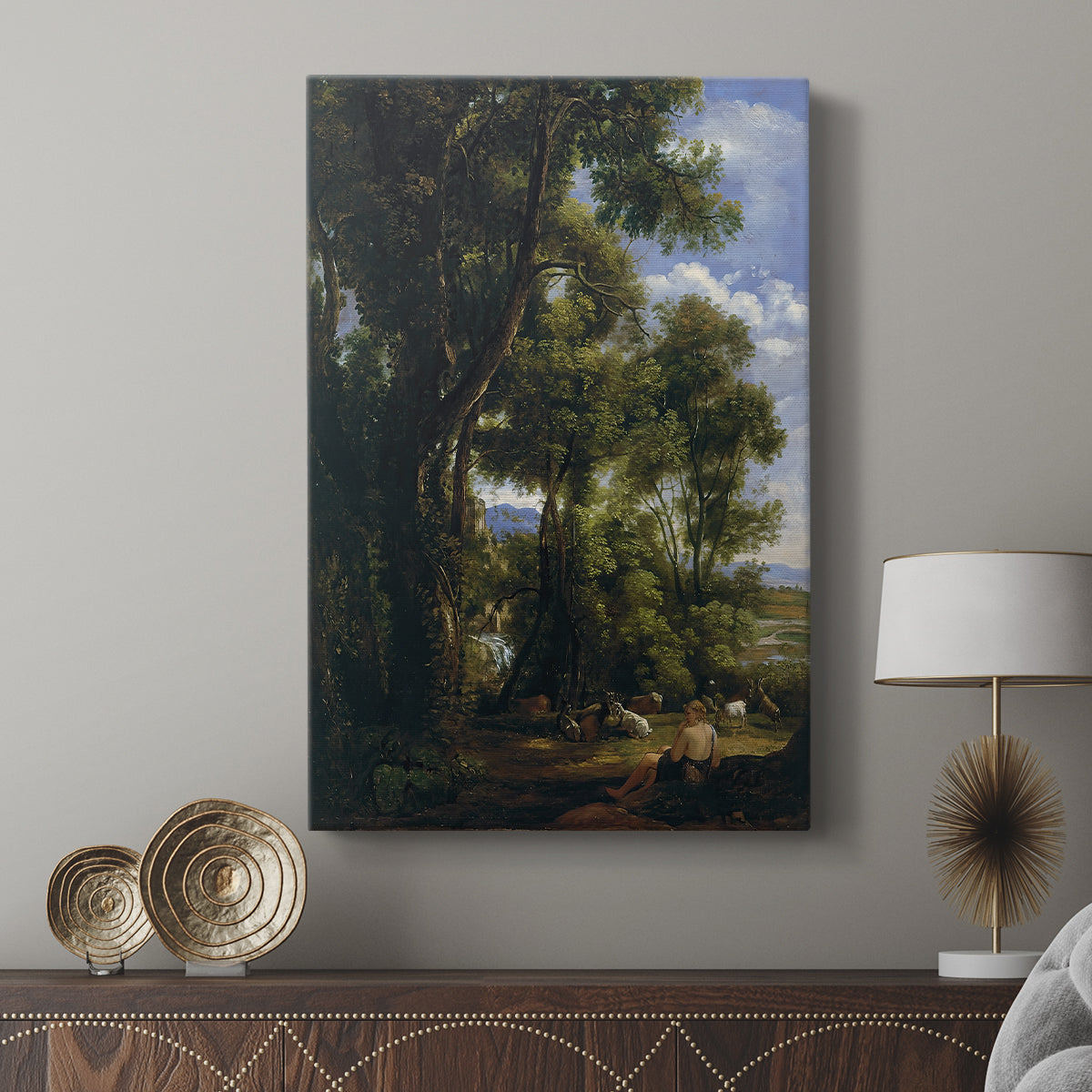 Canvas art print featuring a rustic countryside scene with gentle movement displayed in a modern interior space.