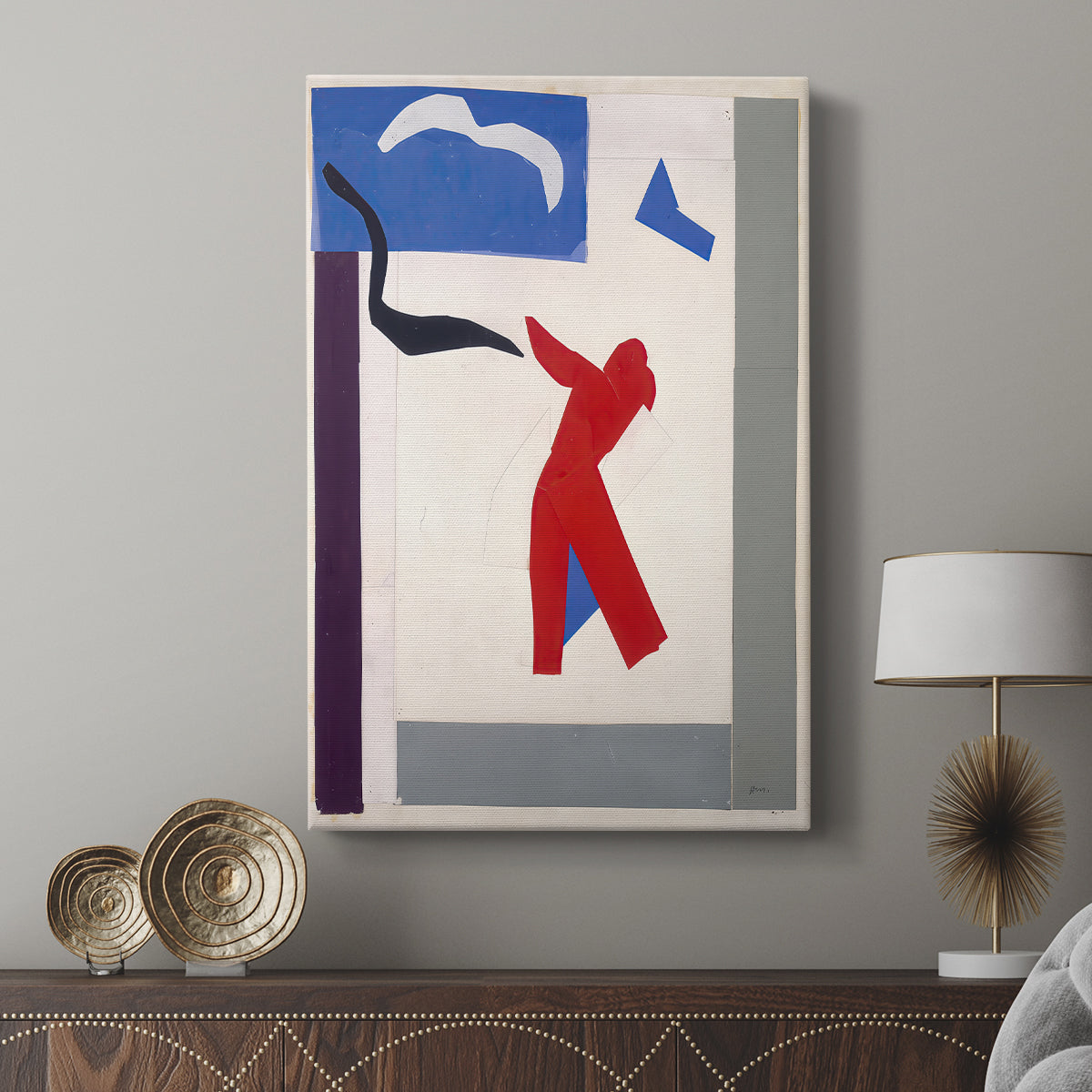 Canvas art print featuring a modern composition with motion captured in flat shapes displayed in a modern interior space.