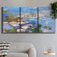 Three-panel canvas wall art featuring water lilies in blue and gold, displayed in a modern living room above a sofa.