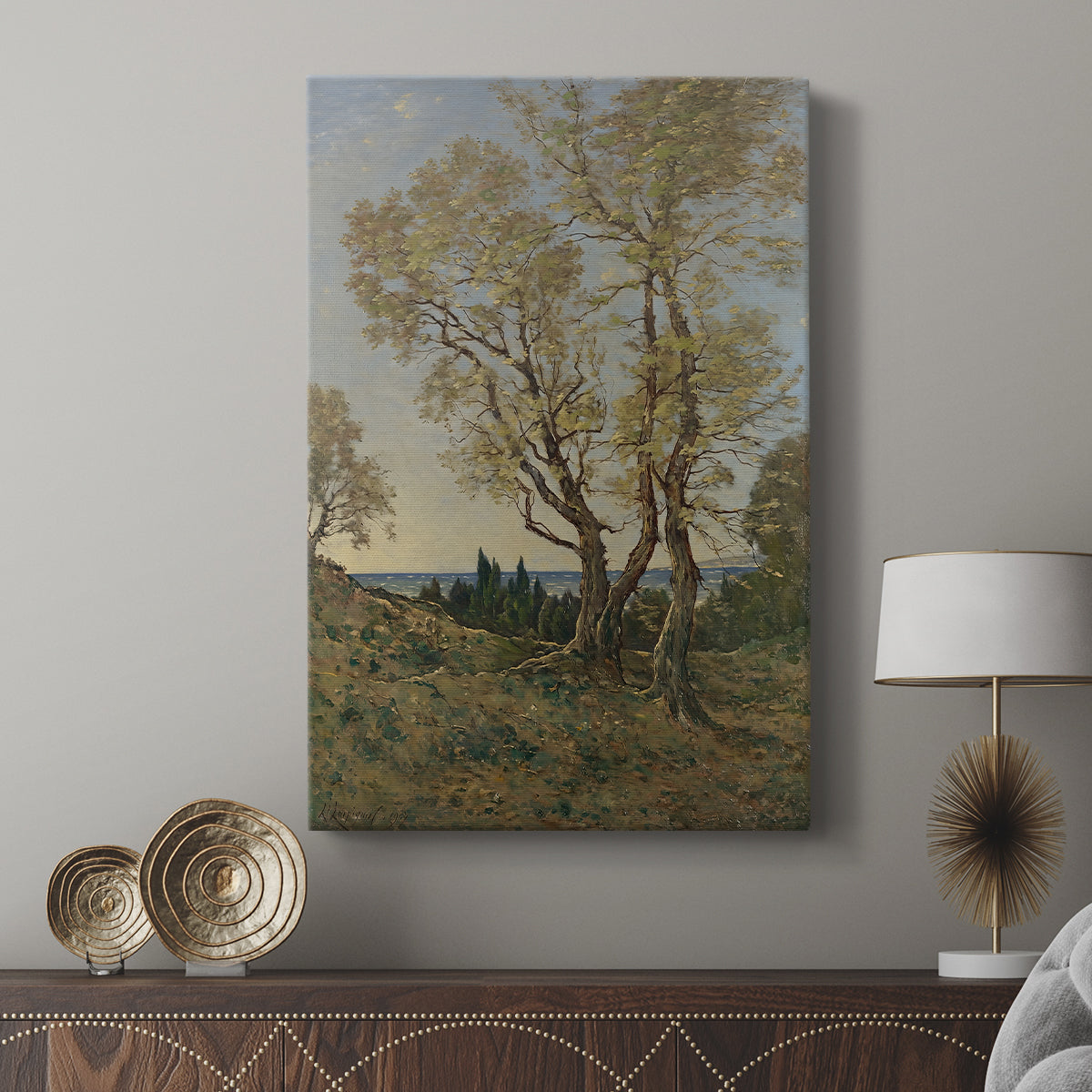 Canvas art print featuring a pastoral landscape with subtle color and open space displayed in a modern interior space.