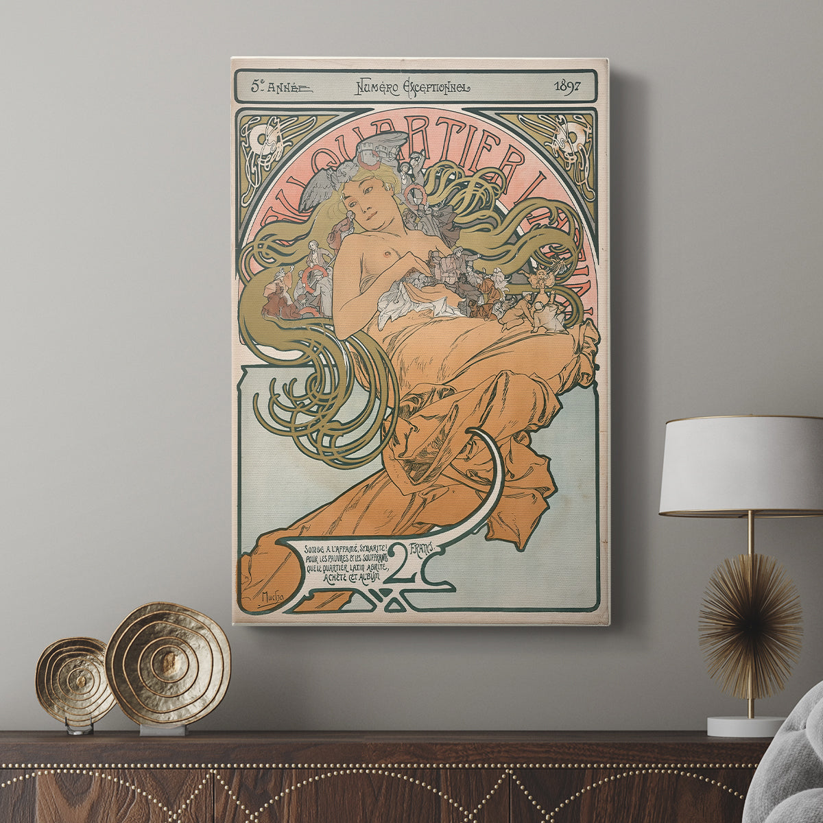Canvas art print featuring a decorative poster with flowing lines and soft tones displayed in a modern interior space.