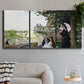Three-panel canvas wall art featuring garden house beside river, displayed in a modern living room above a sofa.