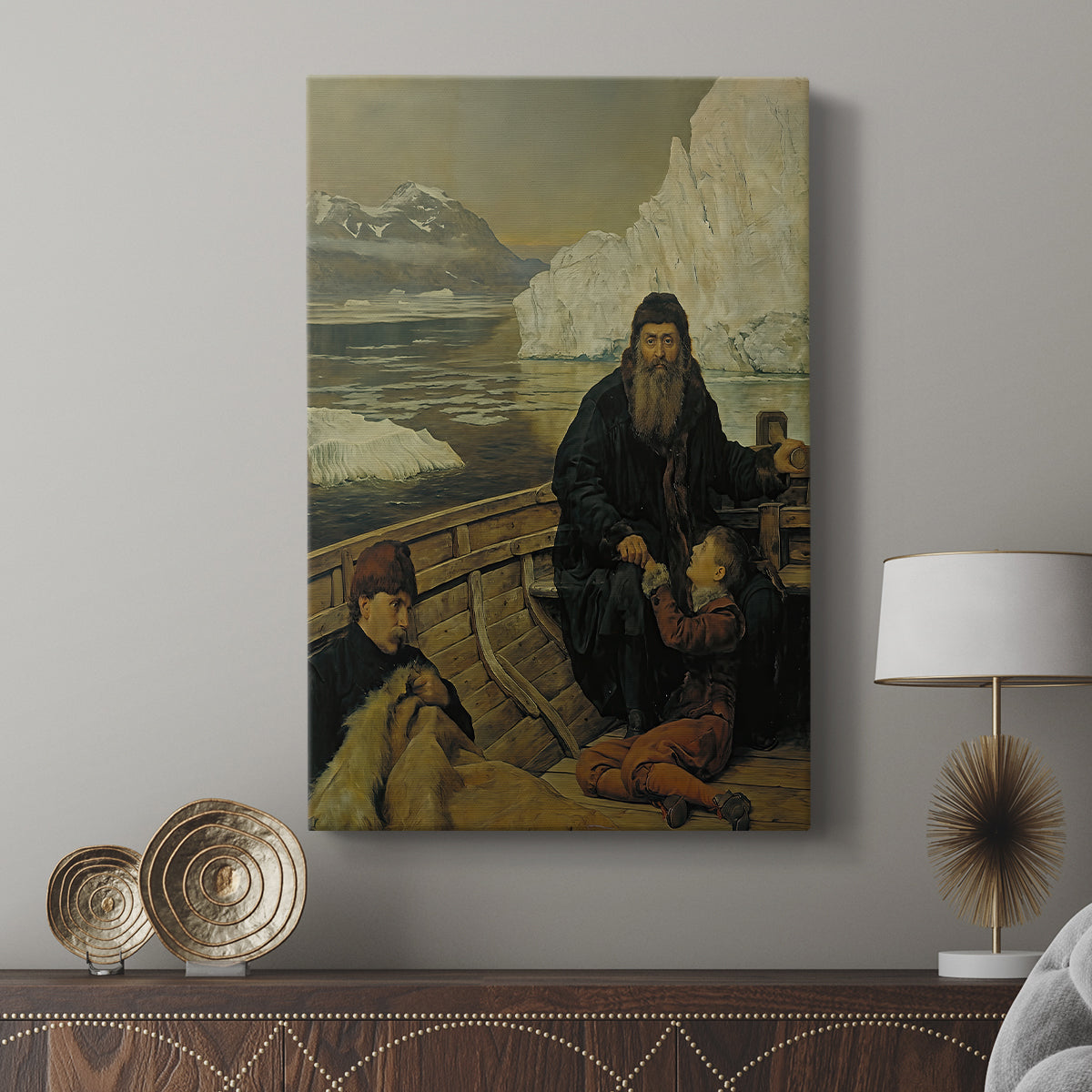 Canvas art print featuring a narrative scene with muted tones and strong atmosphere displayed in a modern interior space.