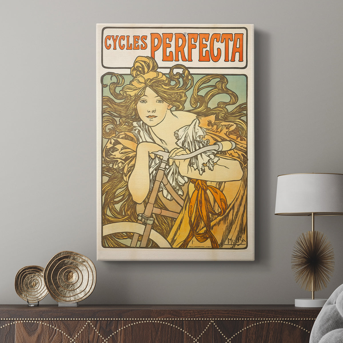 Canvas art print featuring a stylized poster with a female figure and mechanical motif displayed in a modern interior space.