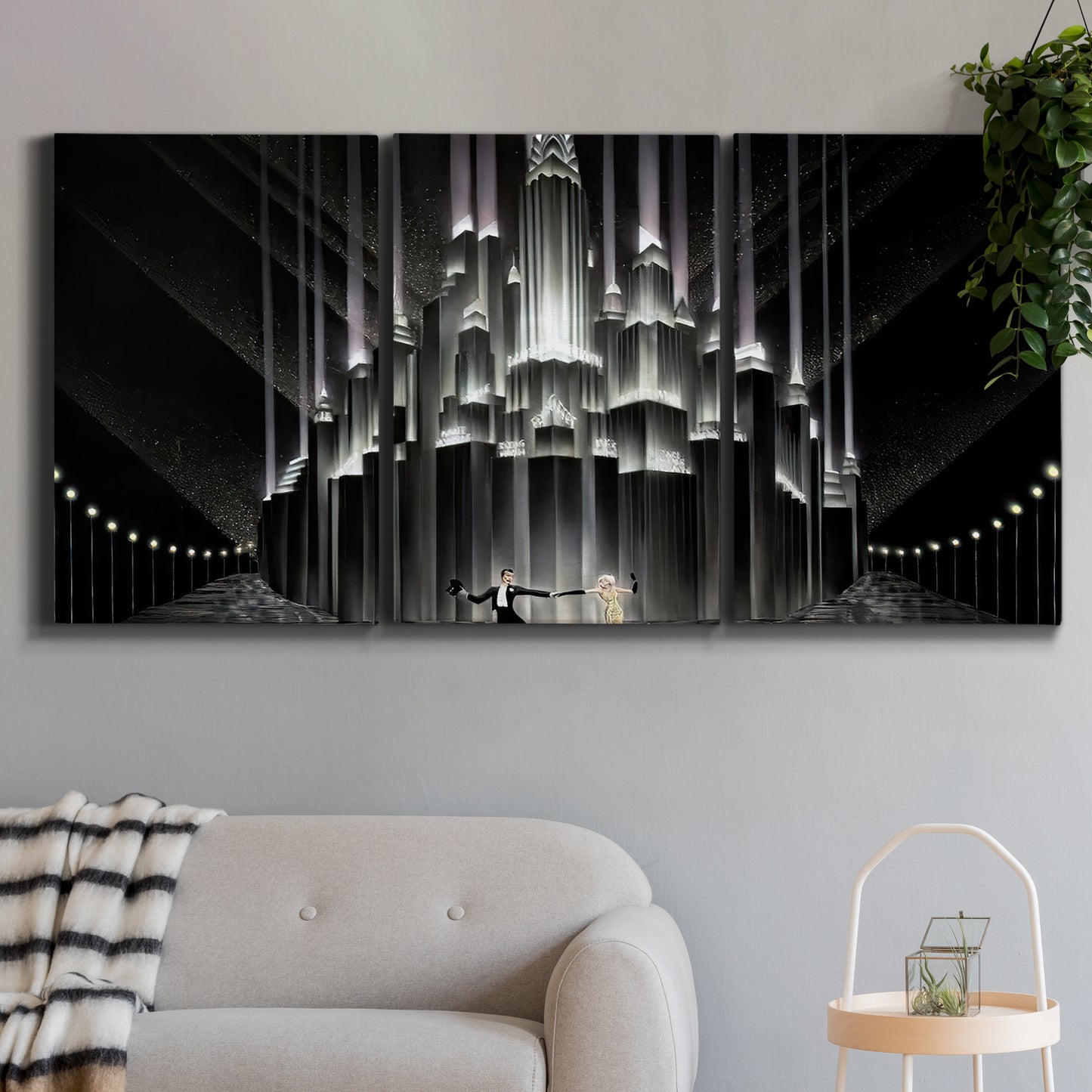 Three-panel canvas wall art featuring vintage city scene with figures, displayed in a modern living room above a sofa.