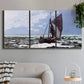 Three-panel canvas wall art featuring stormy sea with crashing waves, displayed in a modern living room above a sofa.