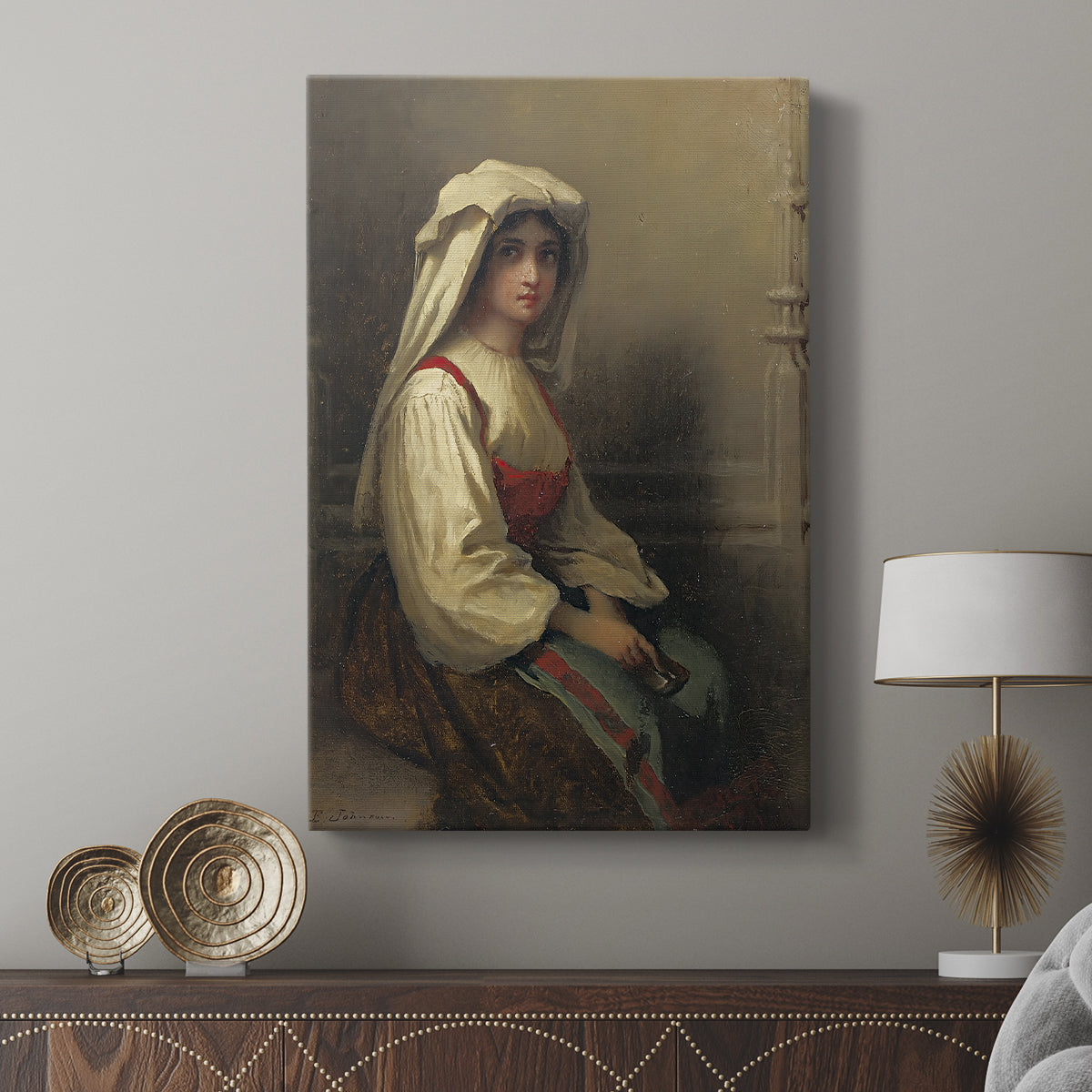 Canvas art print featuring a traditional portrait with relaxed pose and natural detail displayed in a modern interior space.
