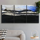 Three-panel canvas wall art featuring abstract passage of time composition, displayed in a modern living room above a sofa.