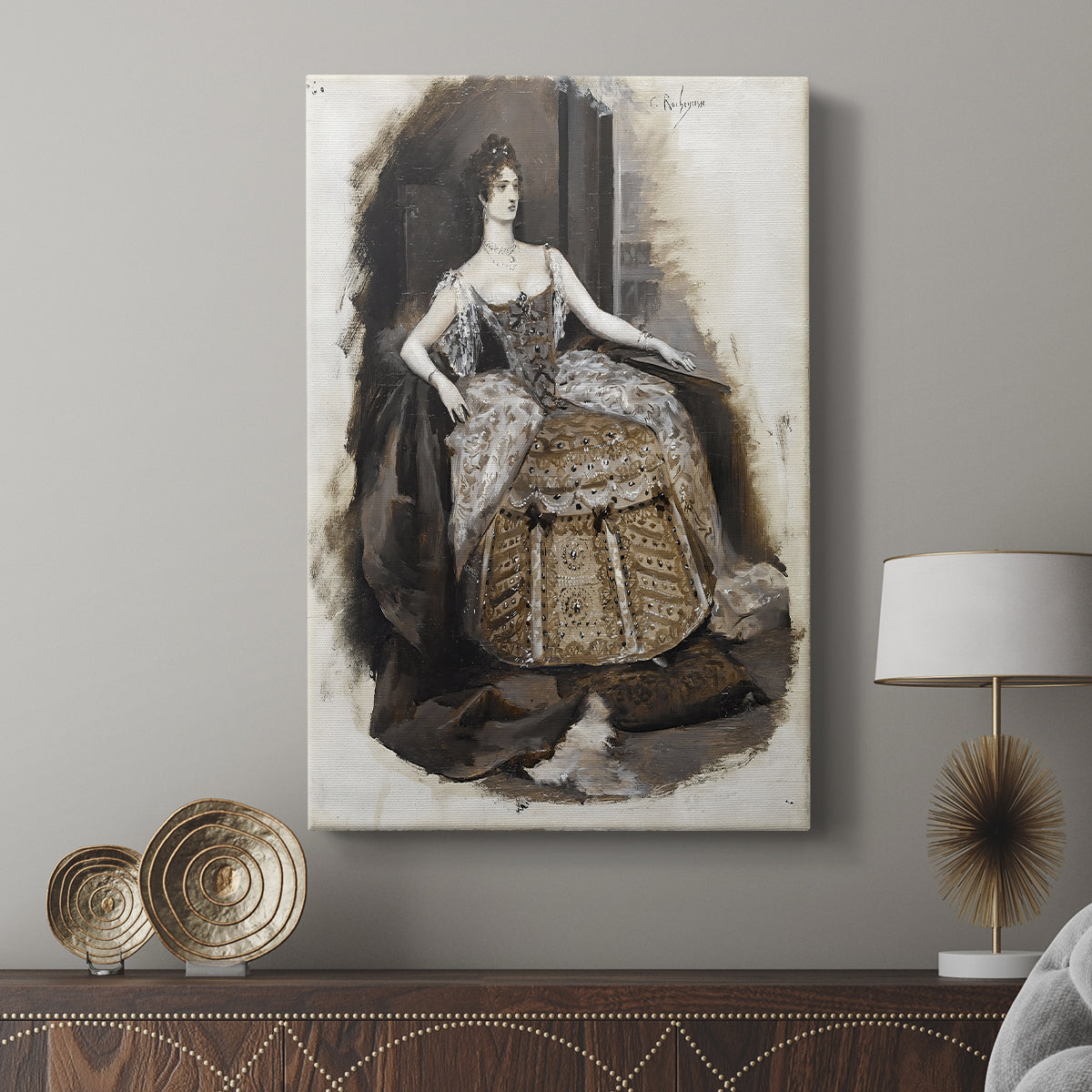 Canvas art print featuring a decorative portrait with flowing lines and subtle shading displayed in a modern interior space.