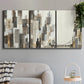 Three-panel canvas wall art featuring abstract harbor inspired composition, displayed in a modern living room above a sofa.