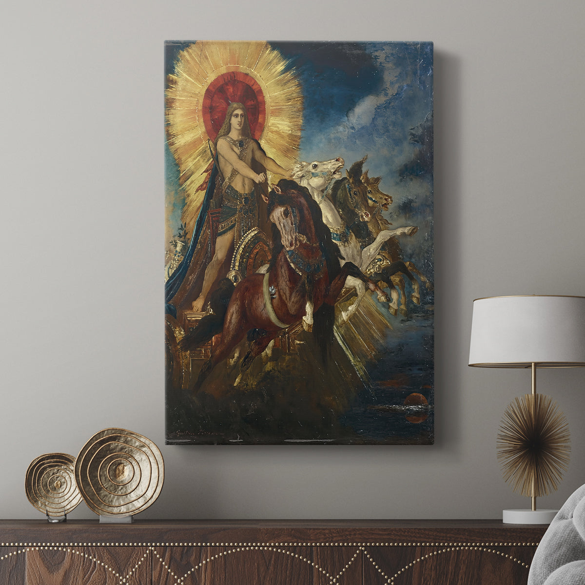 Canvas art print featuring a celestial scene with figures and flowing forms displayed in a modern interior space.