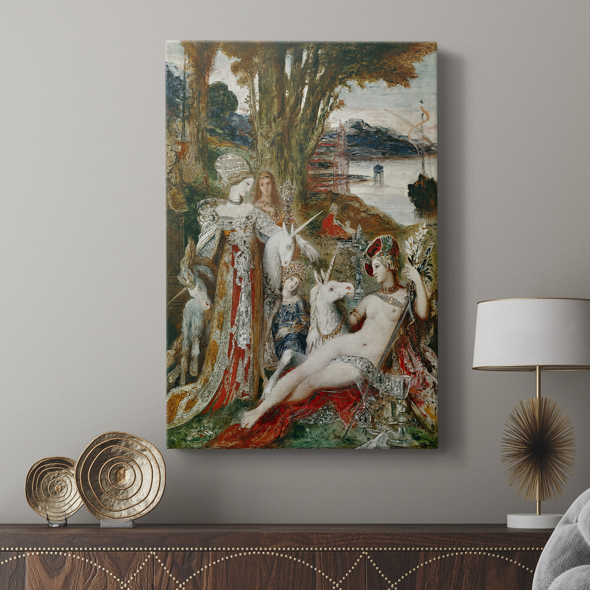 Canvas art print featuring a rich scene with figures and fantasy creatures displayed in a modern interior space.