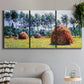 Three-panel canvas wall art featuring harvested grainstacks in field, displayed in a modern living room above a sofa.