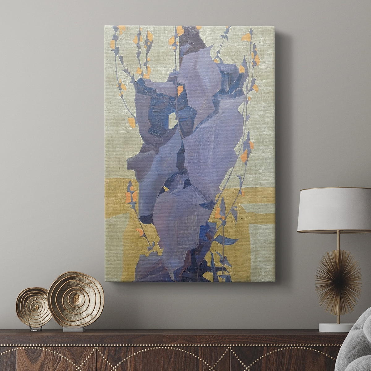 Canvas art print featuring a decorative botanical scene with abstract forms displayed in a modern interior space.