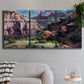 Three-panel canvas wall art featuring classic canyon landscape scene, displayed in a modern living room above a sofa.
