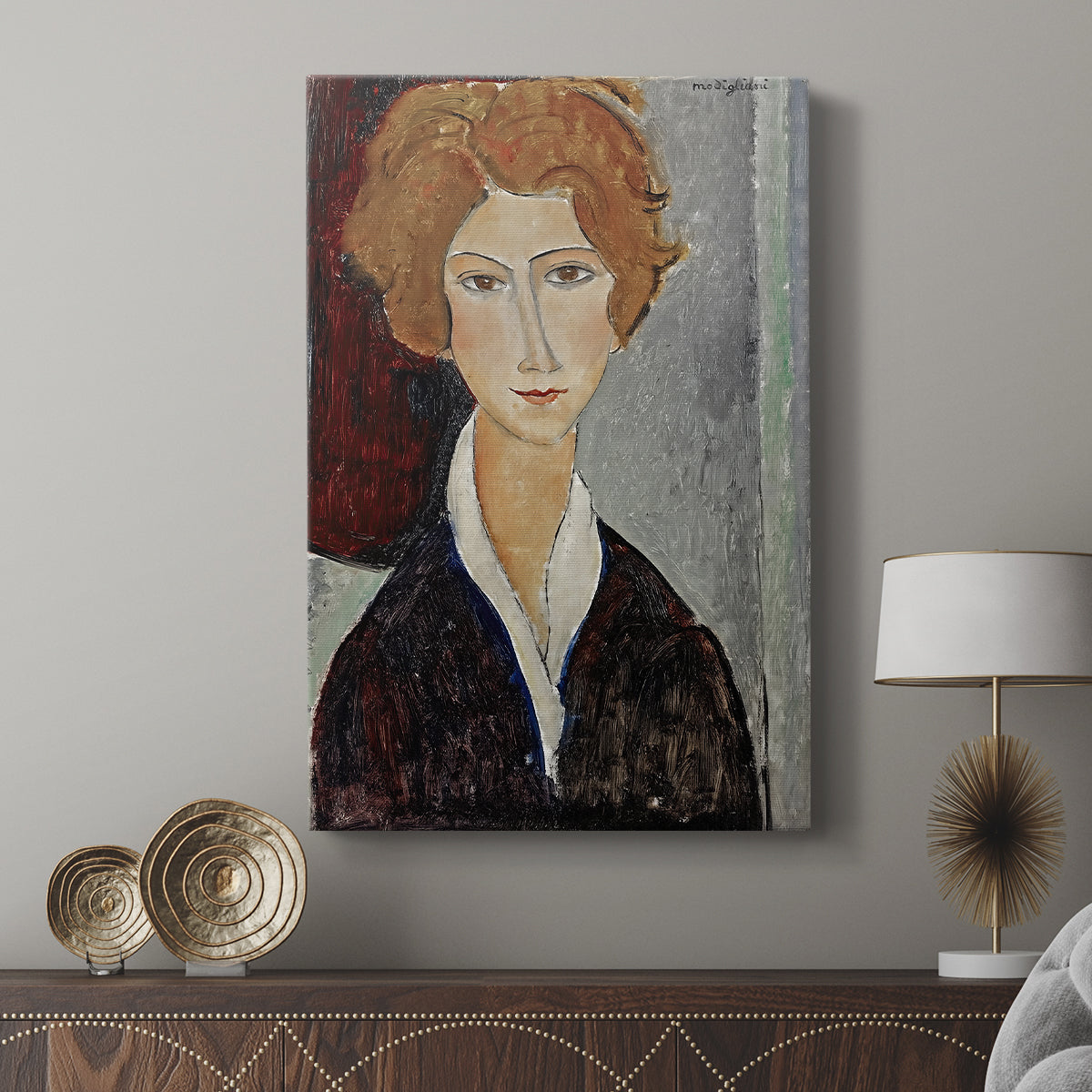 Canvas art print featuring a modernist figure with minimal detail and smooth color transitions displayed in a modern interior space.