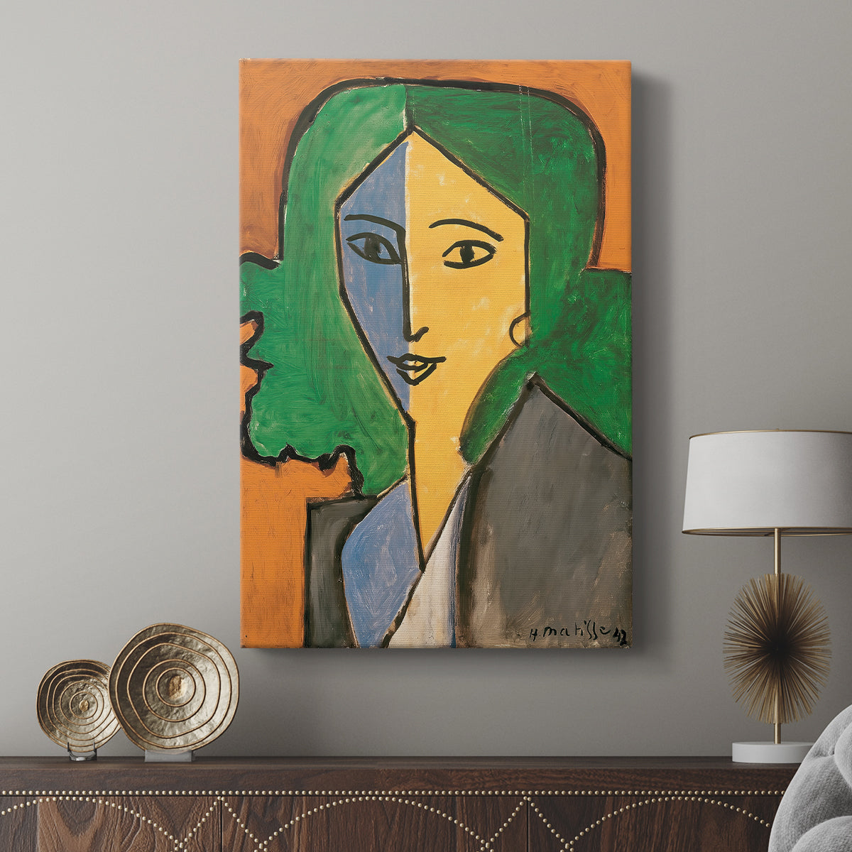 Canvas art print featuring a flat composition with strong outlines and contrast displayed in a modern interior space.