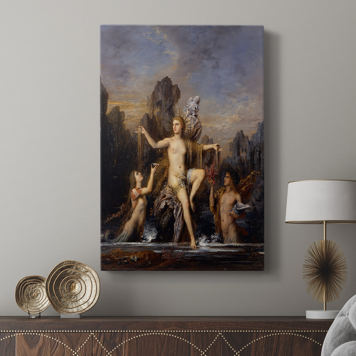 Canvas art print featuring a dramatic figure surrounded by waves and soft light displayed in a modern interior space.