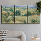 Three-panel canvas wall art featuring lavender sky over quiet landscape, displayed in a modern living room above a sofa.