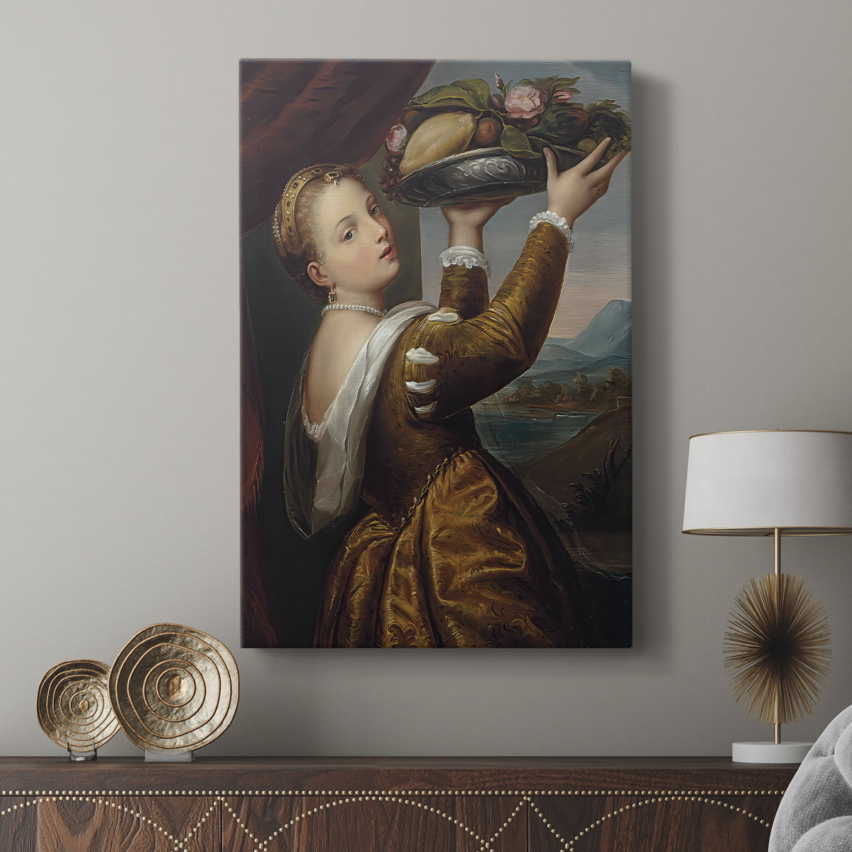 Canvas art print featuring a composed portrait with fruit and gentle shading displayed in a modern interior space.