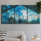Three-panel canvas wall art featuring railway station filled with steam, displayed in a modern living room above a sofa.