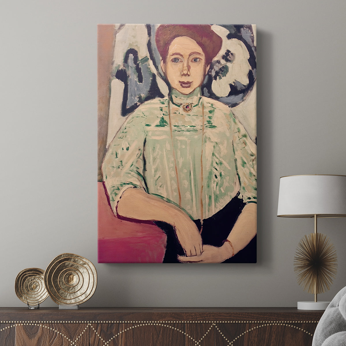Canvas art print featuring a modern portrait with minimal detail and calm expression displayed in a modern interior space.