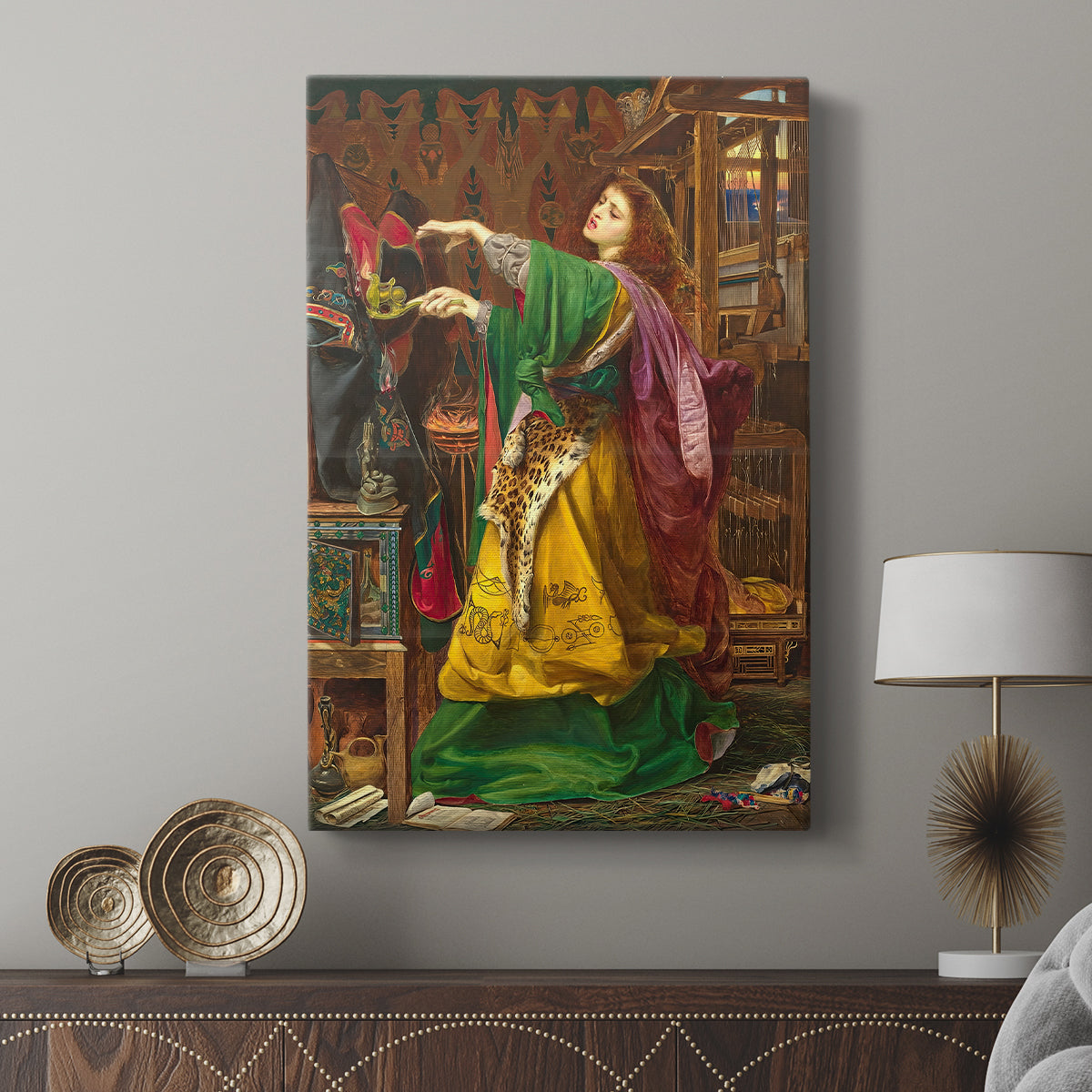 Canvas art print featuring a fantasy-inspired portrait with bold color and detail displayed in a modern interior space.