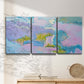 Three-panel canvas wall art featuring abstract view through window forms, displayed in a minimalist living room above a console table.