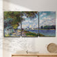 Three-panel canvas wall art featuring river landscape with boats, displayed in a minimalist living room above a console table.