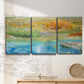 Three-panel canvas wall art featuring abstract sense of forward movement, displayed in a minimalist living room above a console table.