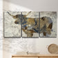 Three-panel canvas wall art featuring farm animal portrait in rustic setting, displayed in a minimalist living room above a console table.