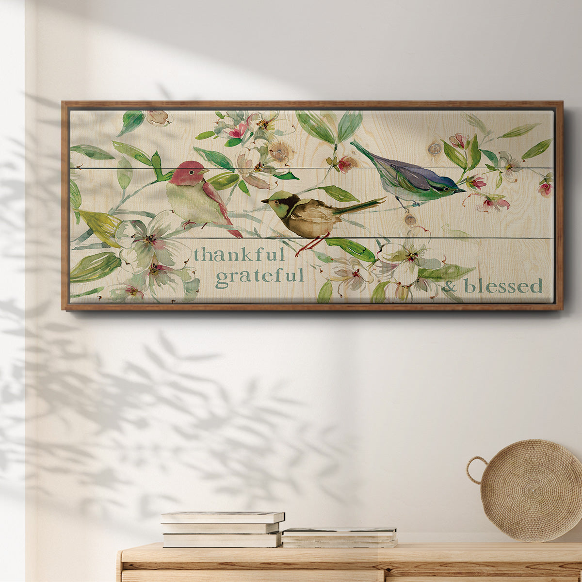 Grateful Thankful Blessed Birds - Floater Framed Canvas Print