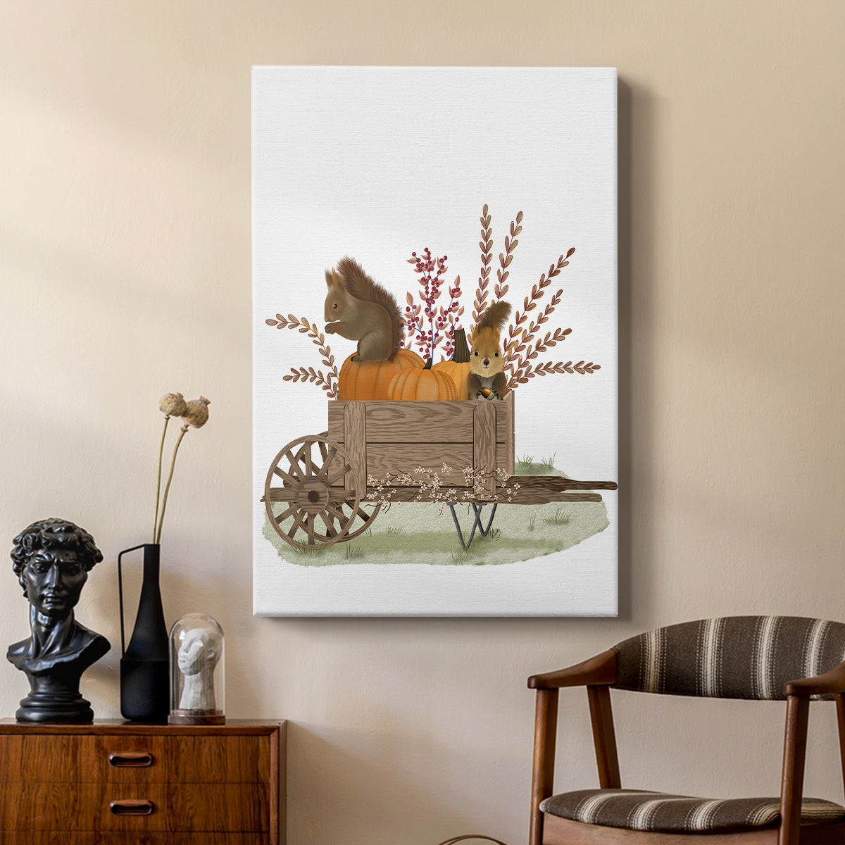 Squirrels In Pumpkin Wheelbarrow - Canvas Art Print