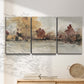 Three-panel canvas wall art featuring autumn landscape with trees and field, displayed in a minimalist living room above a console table.