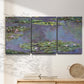 Three-panel canvas wall art featuring purple haze water lily pond, displayed in a minimalist living room above a console table.