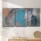 Three-panel canvas wall art featuring playful abstract mark making, displayed in a minimalist living room above a console table.