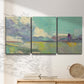 Three-panel canvas wall art featuring road stretching through open countryside, displayed in a minimalist living room above a console table.