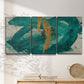 Three-panel canvas wall art featuring interconnected abstract flowing forms, displayed in a minimalist living room above a console table.