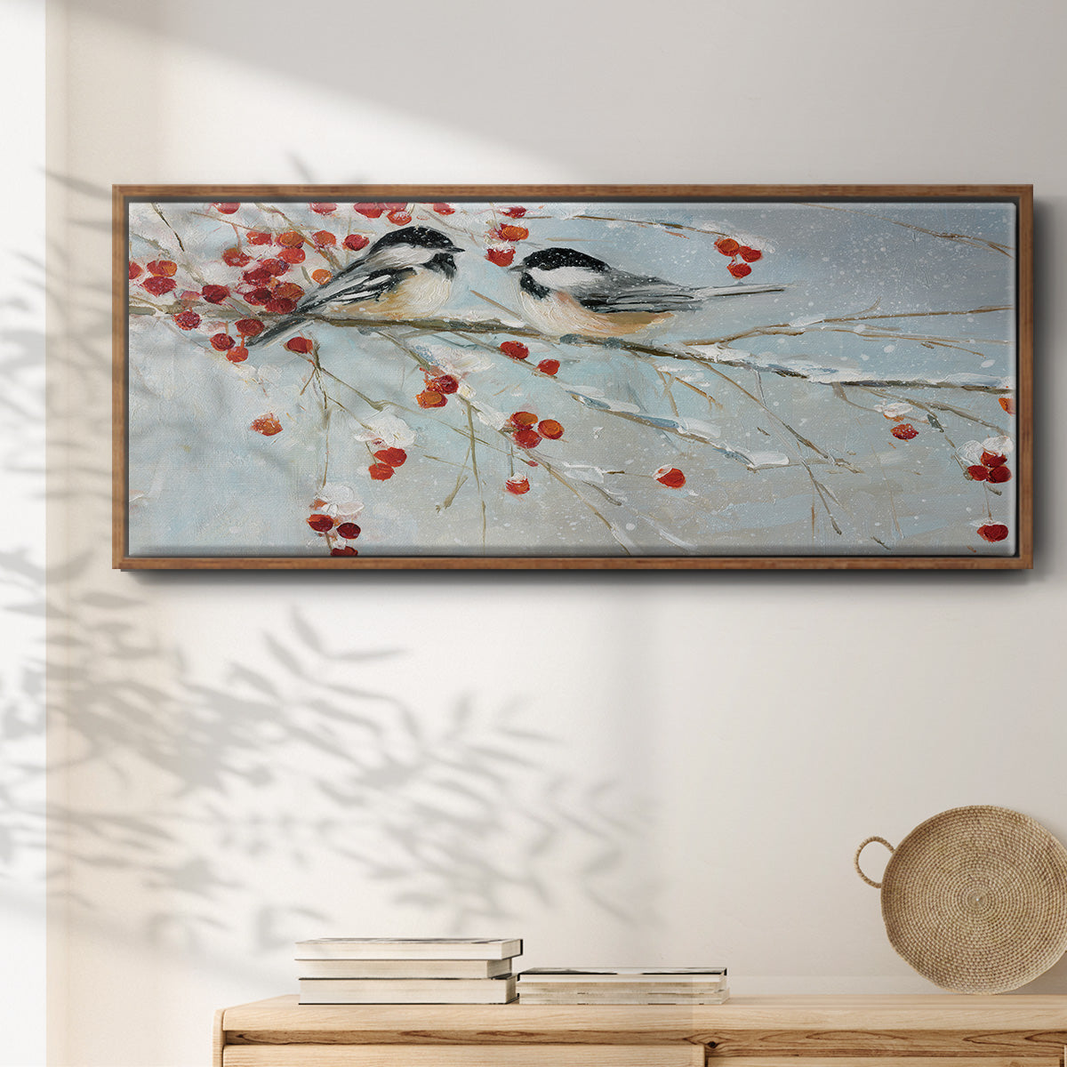 Chickadees in Winter - Floater Framed Canvas Print