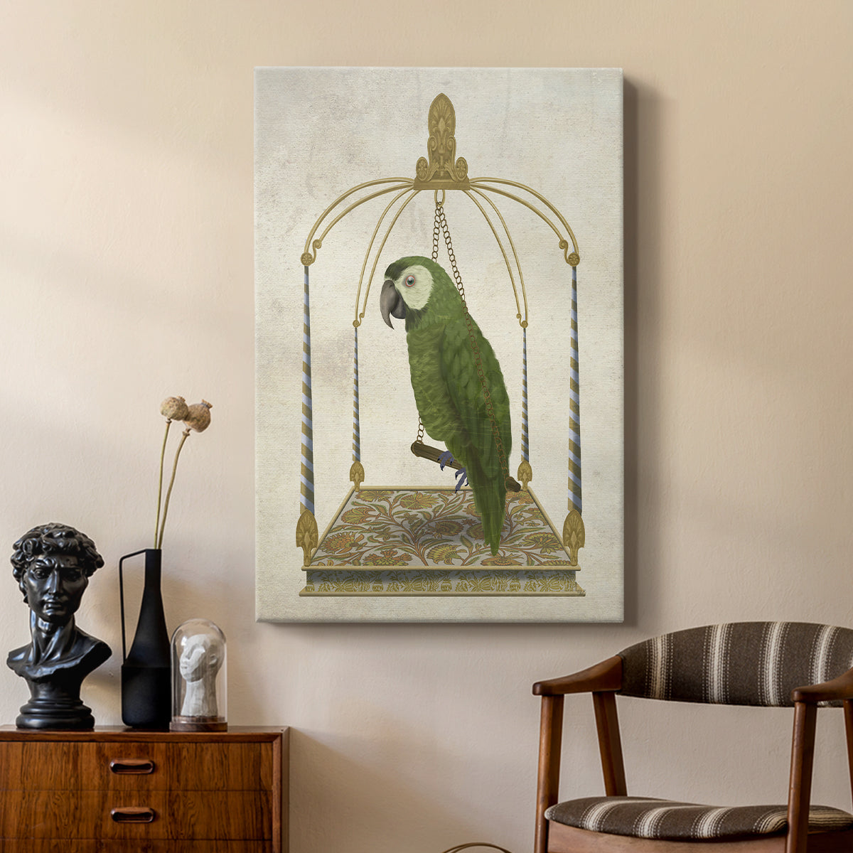 Green Parrot on Swing - Canvas Art Print