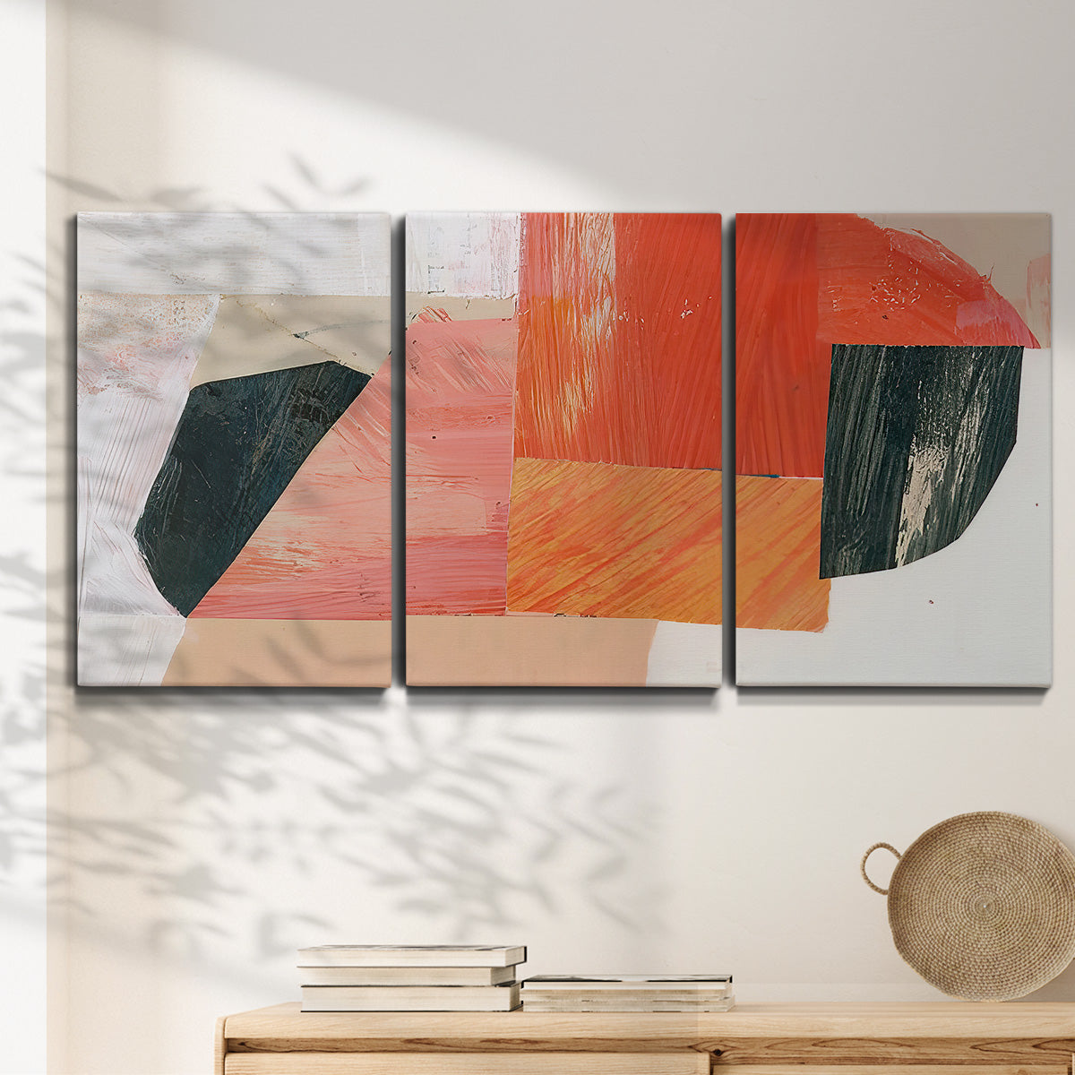 Three-panel canvas wall art featuring bold pink mid century abstract portal, displayed in a minimalist living room above a console table.