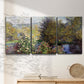 Three-panel canvas wall art featuring garden corner with flowering trees, displayed in a minimalist living room above a console table.