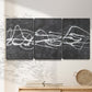 Three-panel canvas wall art featuring minimal abstract frequency lines, displayed in a minimalist living room above a console table.