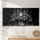 Three-panel canvas wall art featuring vintage city scene with figures, displayed in a minimalist living room above a console table.