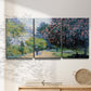 Three-panel canvas wall art featuring formal city park with trees, displayed in a minimalist living room above a console table.