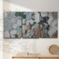 Three-panel canvas wall art featuring layered canyon inspired abstract forms, displayed in a minimalist living room above a console table.