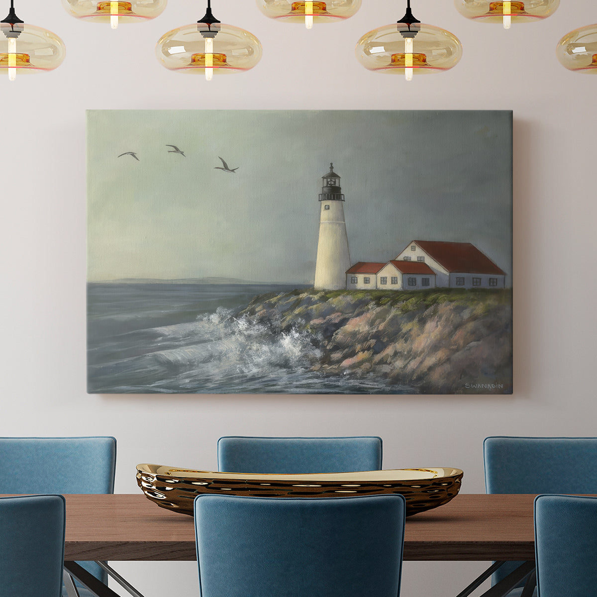 Lighthouse stands tall against crashing waves at a coastal location with birds flying overhead during a calm day