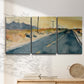 Three-panel canvas wall art featuring empty highway stretching through landscape, displayed in a minimalist living room above a console table.