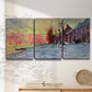 Three-panel canvas wall art featuring river view beneath cloudy sky, displayed in a minimalist living room above a console table.