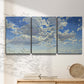 Three-panel canvas wall art featuring whimsical cloud filled sky landscape, displayed in a minimalist living room above a console table.